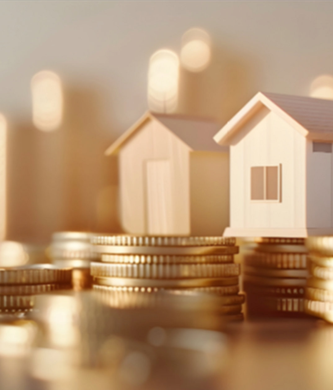 Houten huisjes op stapels munten